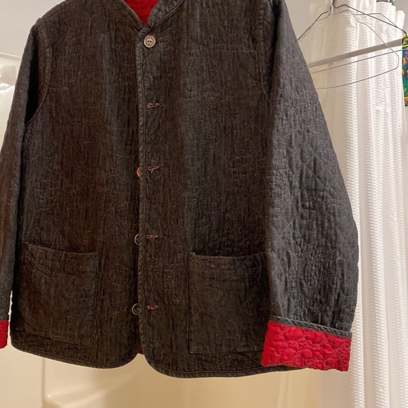 Sz 1 (8/Med) Chicos Reversible Floral Quilted Pattern Red Dark Wash Denim Pocket - Picture 6 of 15